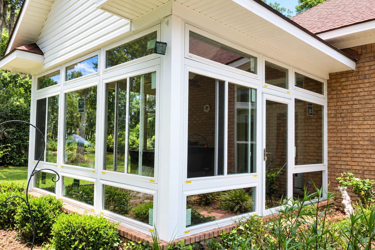 White-framed four-season sunroom with tall windows and a sloped roof, beside a brick house and garden.