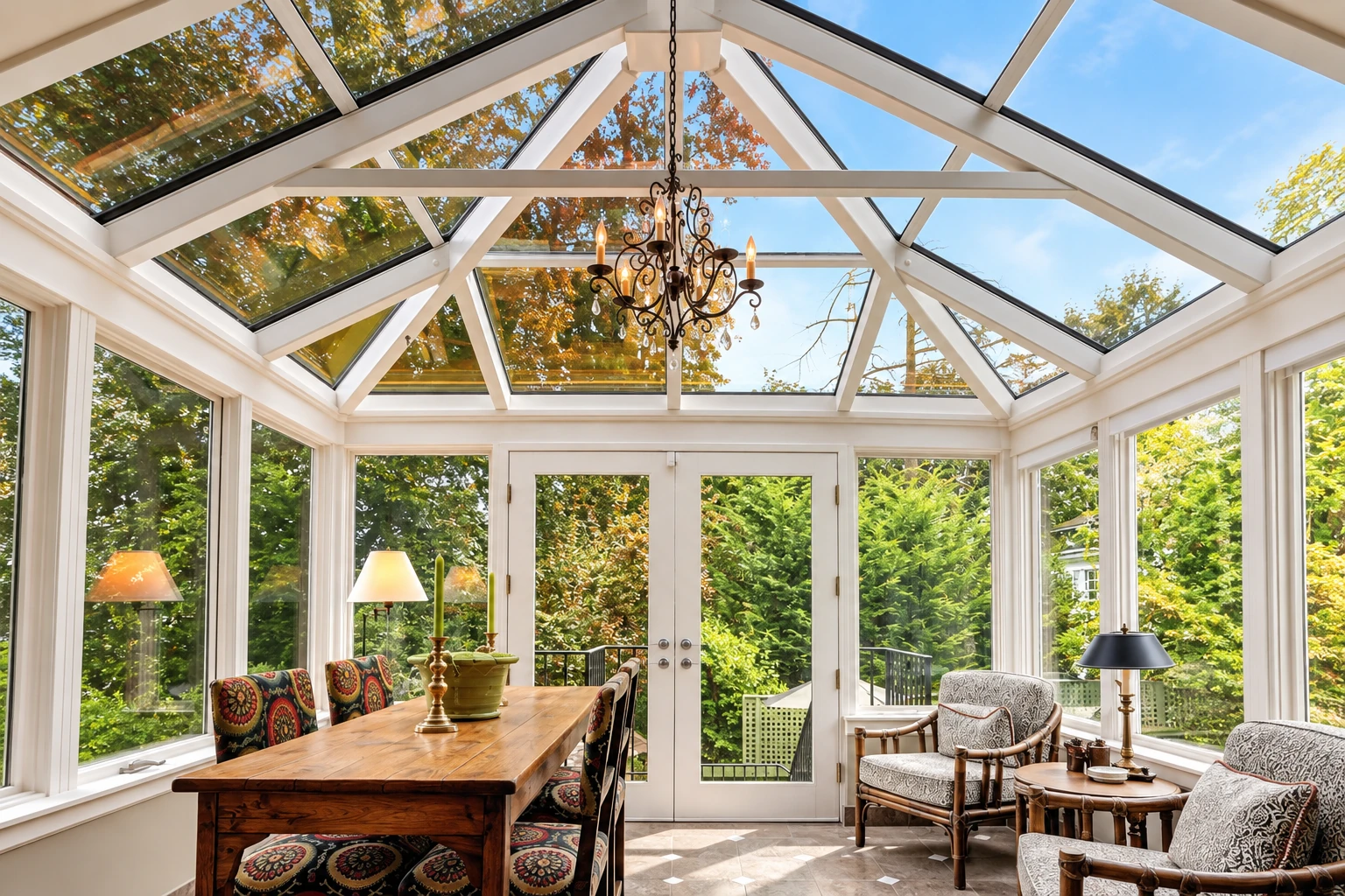 Bright all-season sunroom with a glass-paneled gable roof, dining table, and upholstered chairs overlooking trees.