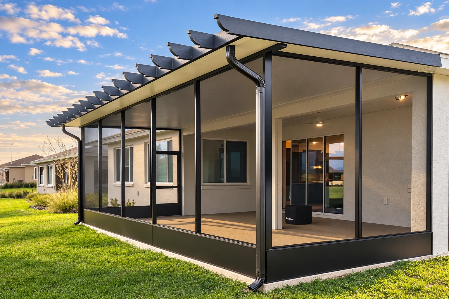 A custom sunroom with black-framed screened panels and a projecting roof encloses a patio beside a stucco house and green lawn.