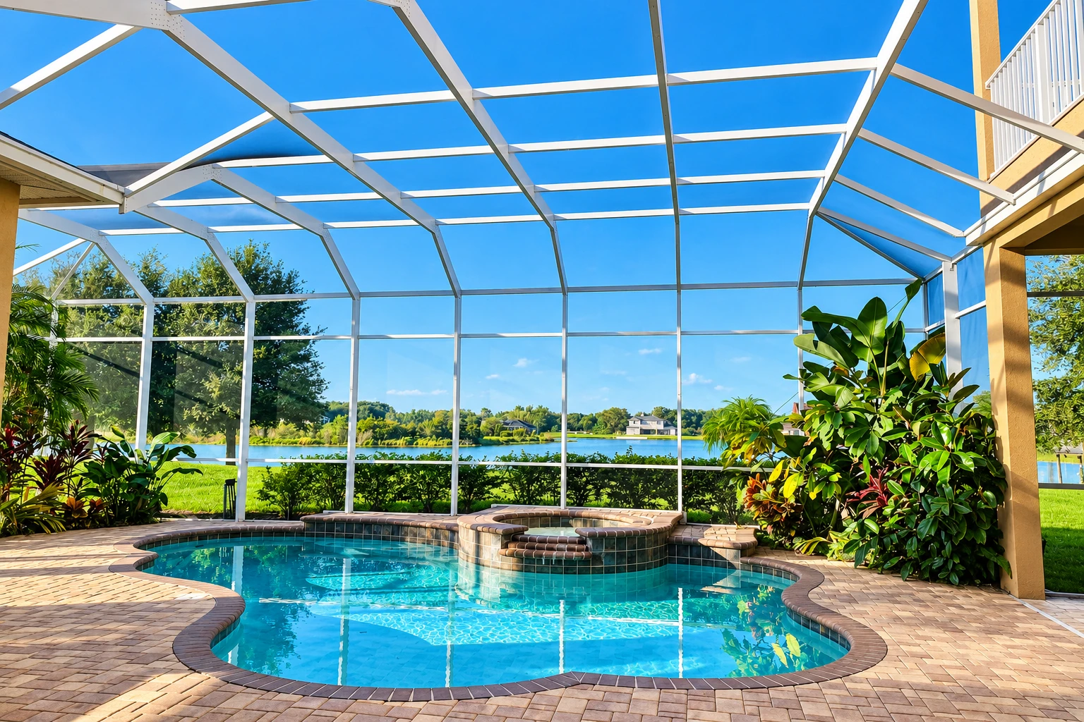 Enclosed patio room with a white screen-frame roof surrounding a swimming pool and spa.