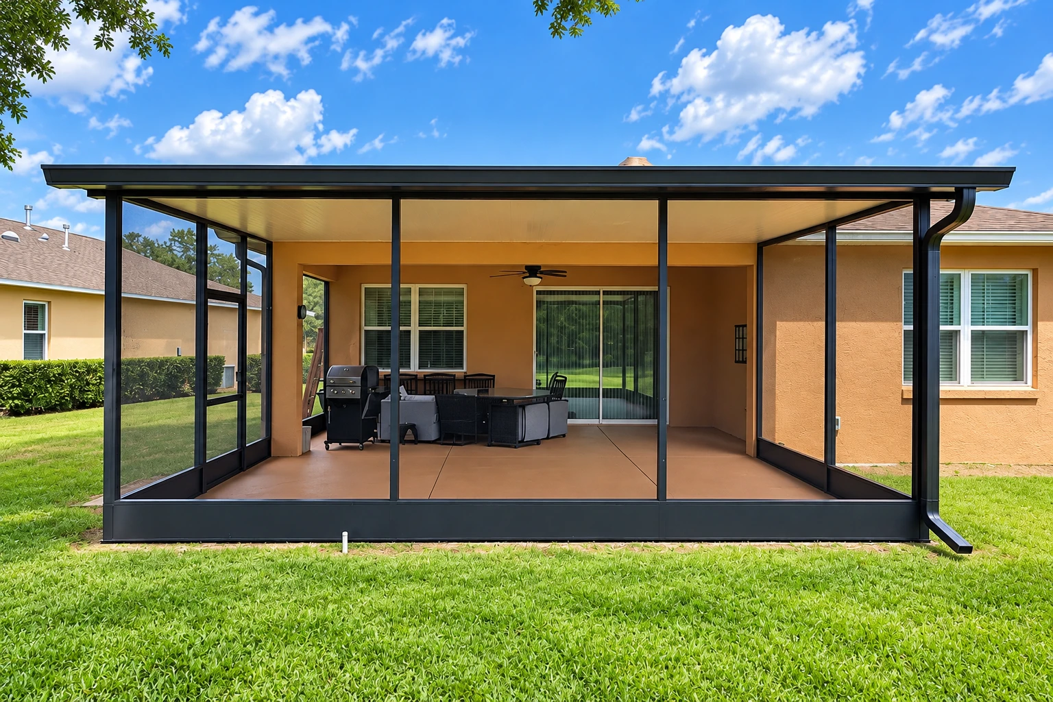 Black-framed patio enclosure with a broad covered roof, clear panels, and outdoor dining furniture beside a lawn.