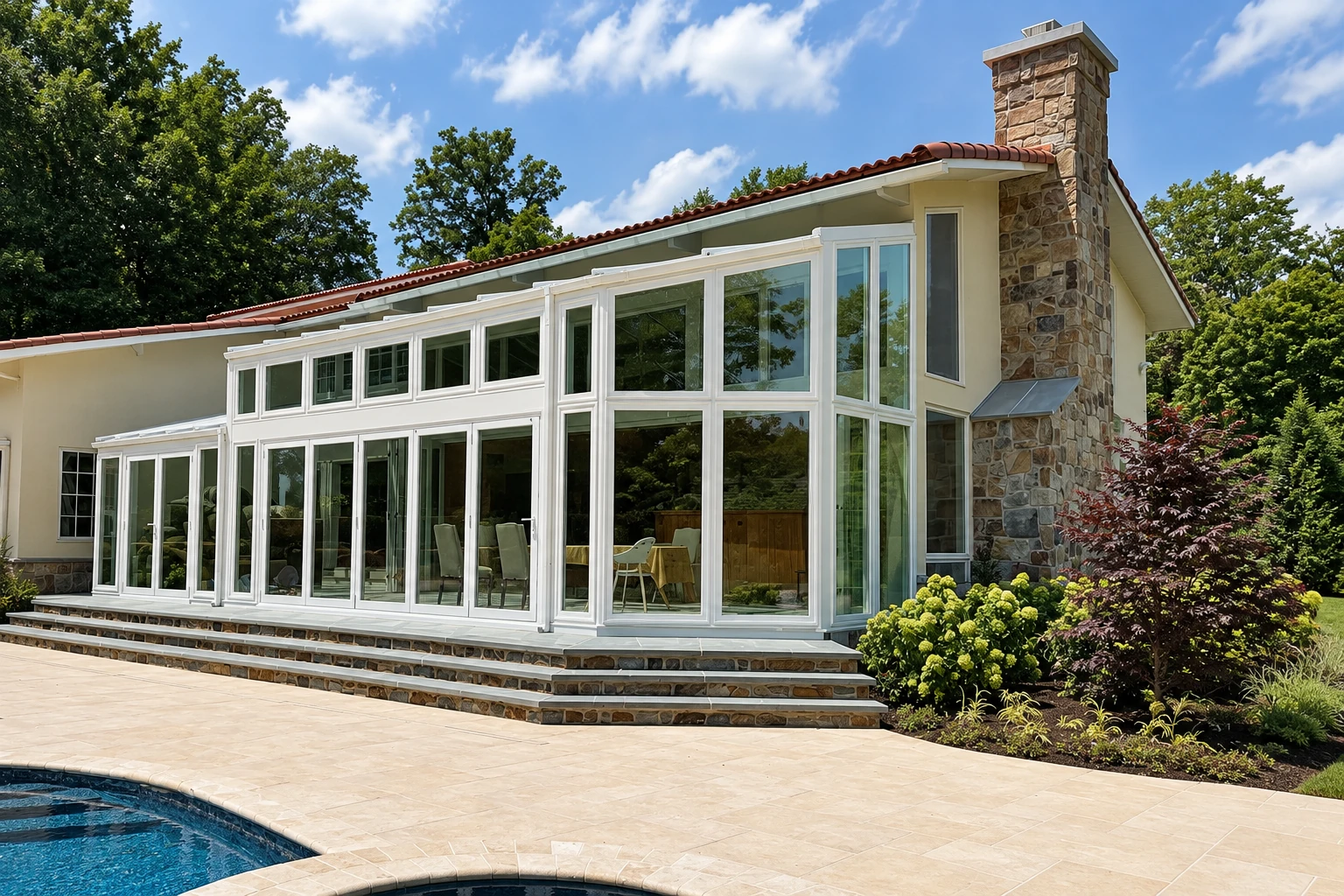 A white-framed four-season sunroom with tall windows extends from a stone-and-stucco house beside a paved patio and swimming pool.