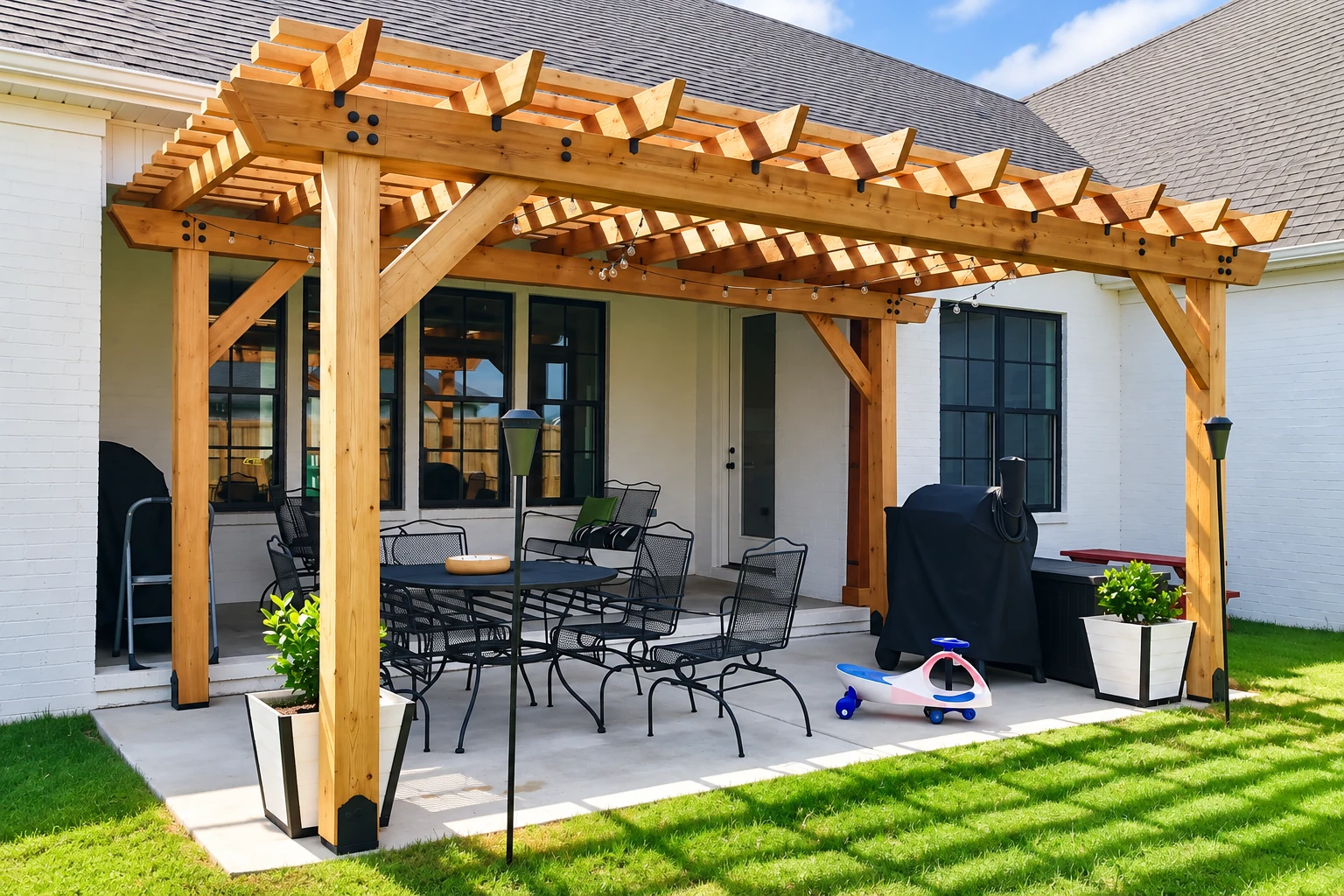 A timber patio cover with exposed rafters shelters a concrete patio furnished with a metal dining set and grill.