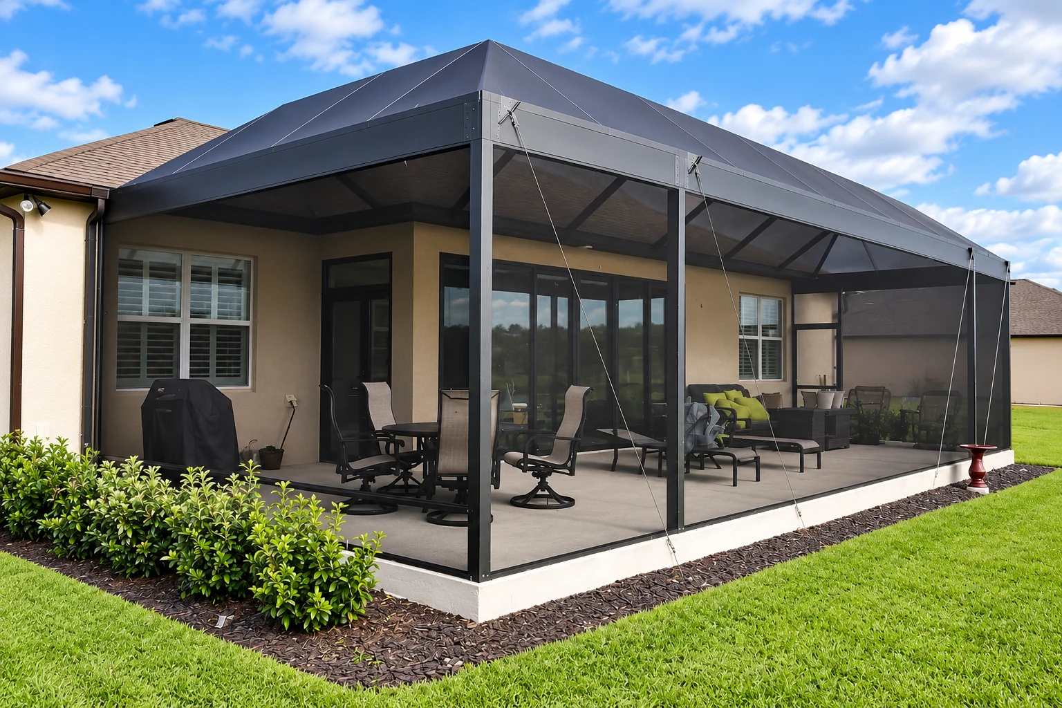 A dark-framed patio enclosure with mesh walls and a broad peaked roof covers an outdoor dining and lounge area beside a lawn.