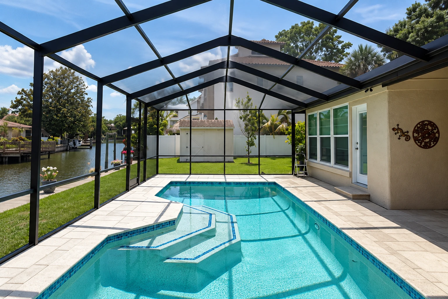 A screened patio enclosure around a swimming pool, with a dark-framed glass roof and views of a lawn and canal.