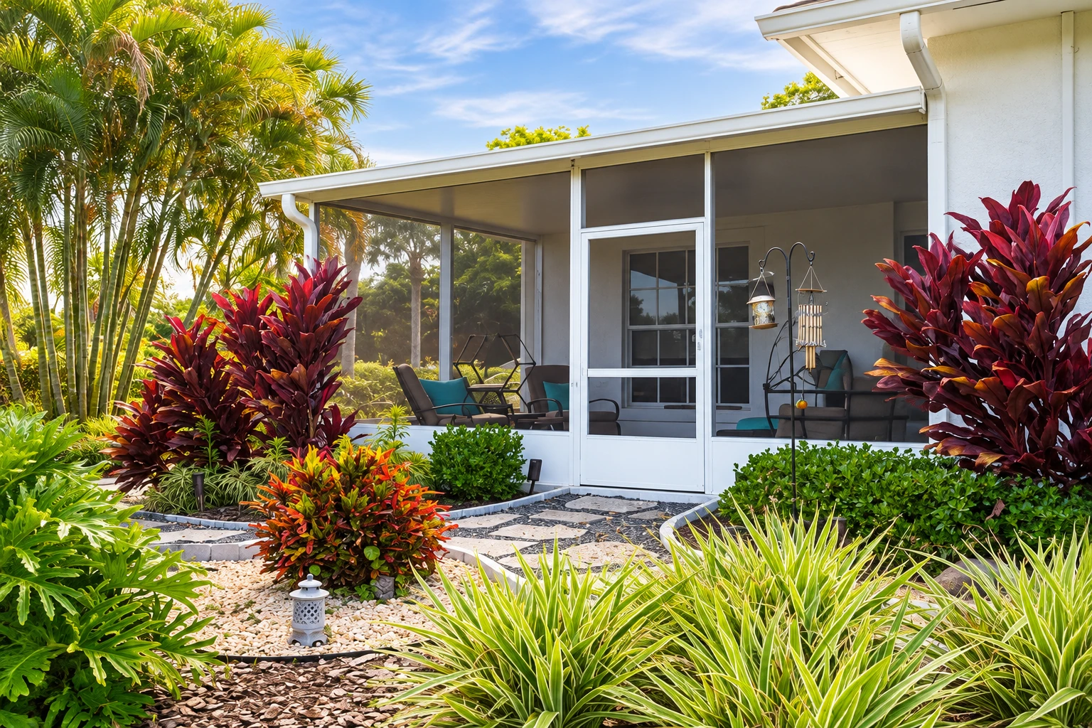 Enclosed patio with a white-framed screen room, central door, and tropical landscaping.