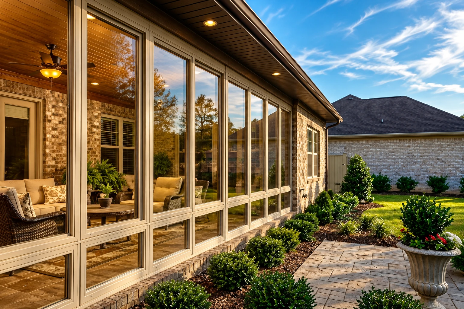 A glass-walled patio-to-sunroom conversion with wicker seating, brick walls, and a landscaped stone path outside.