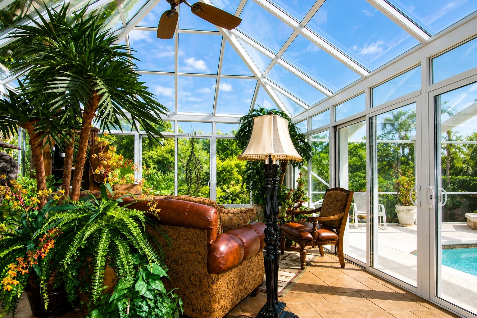 Furnished solarium with a glass roof, white-framed windows, leather seating, and potted tropical plants.