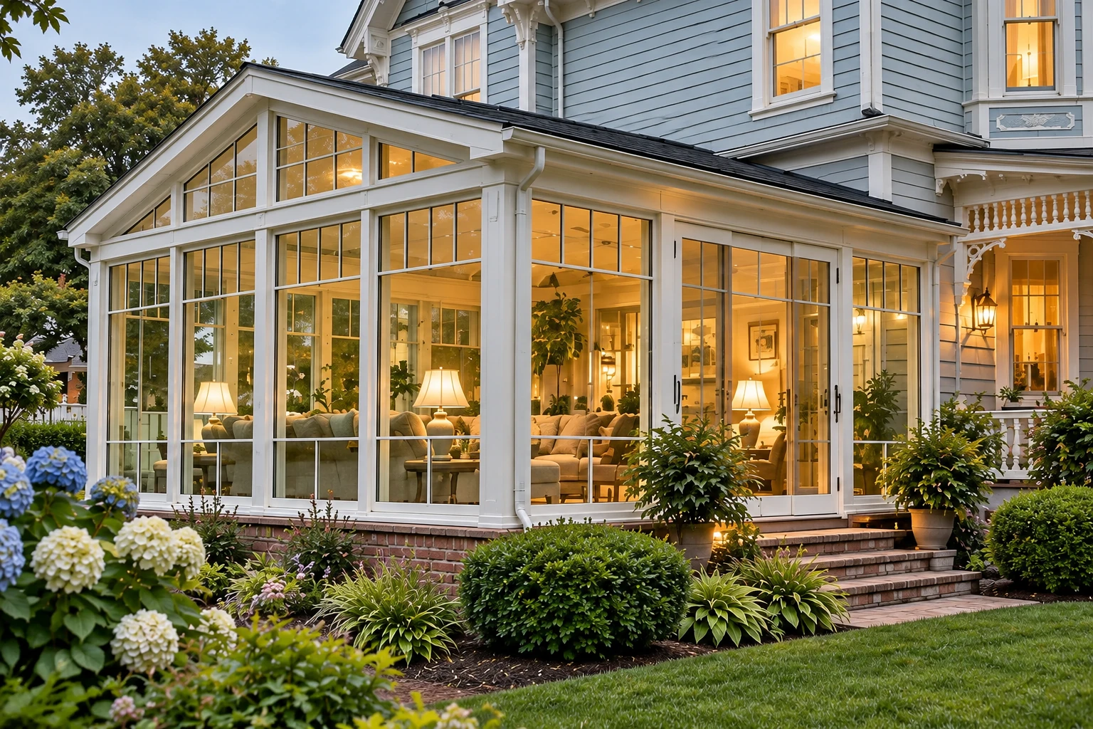 A white-framed sunroom addition with a peaked glass roof glows warmly beside a blue-sided house, above brick steps and garden beds.