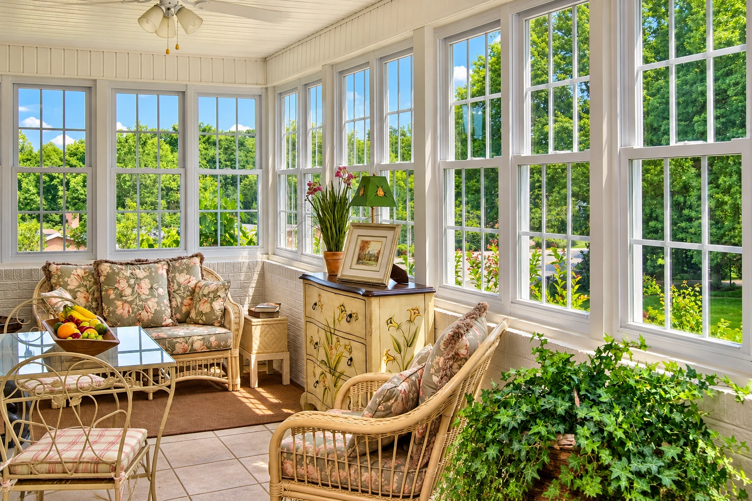Bright sunroom with white-framed windows, wicker seating, floral cushions, and leafy views outside.