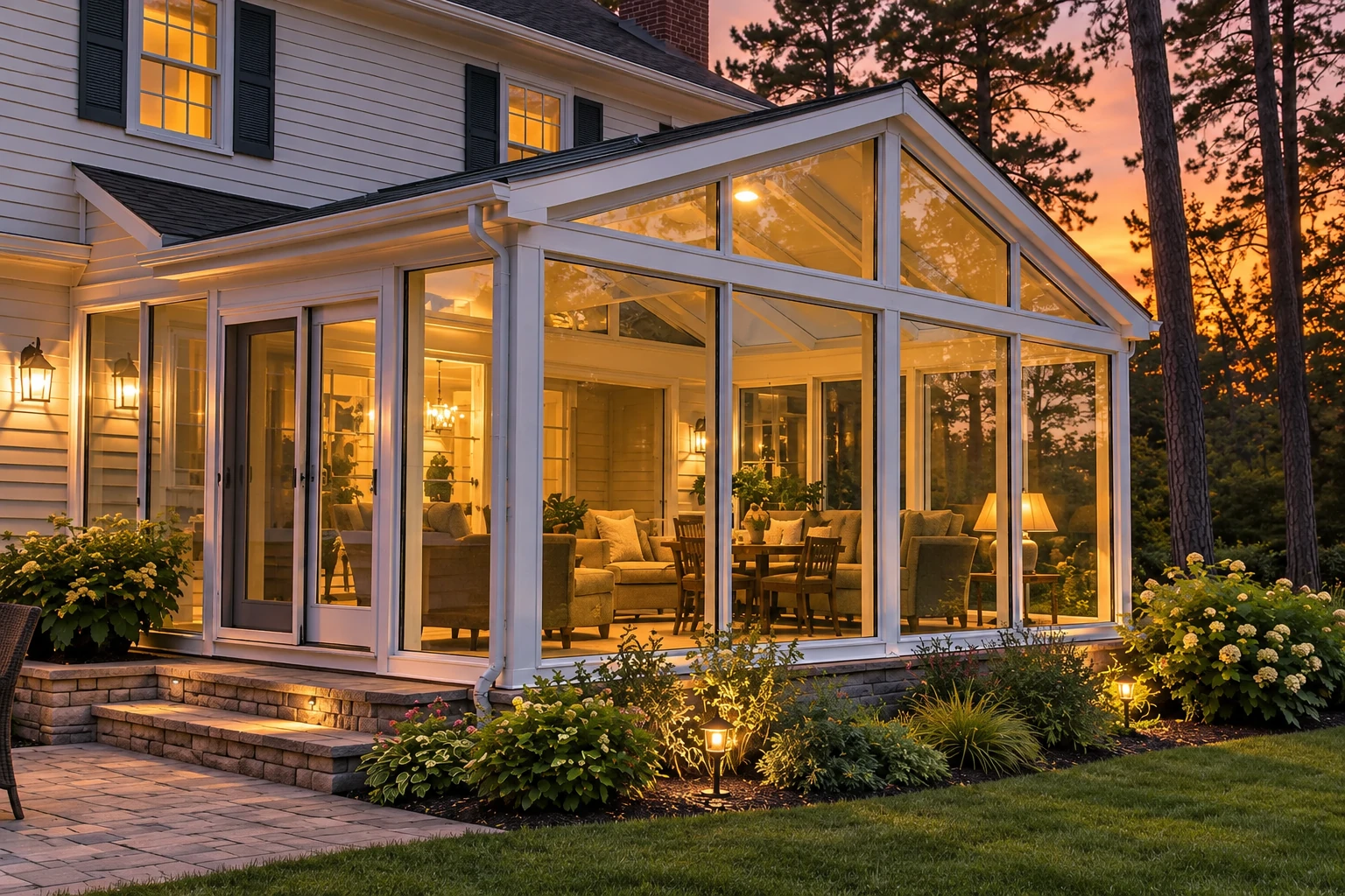Glowing glass sunroom addition with a peaked roof, viewed at dusk beside a landscaped garden.
