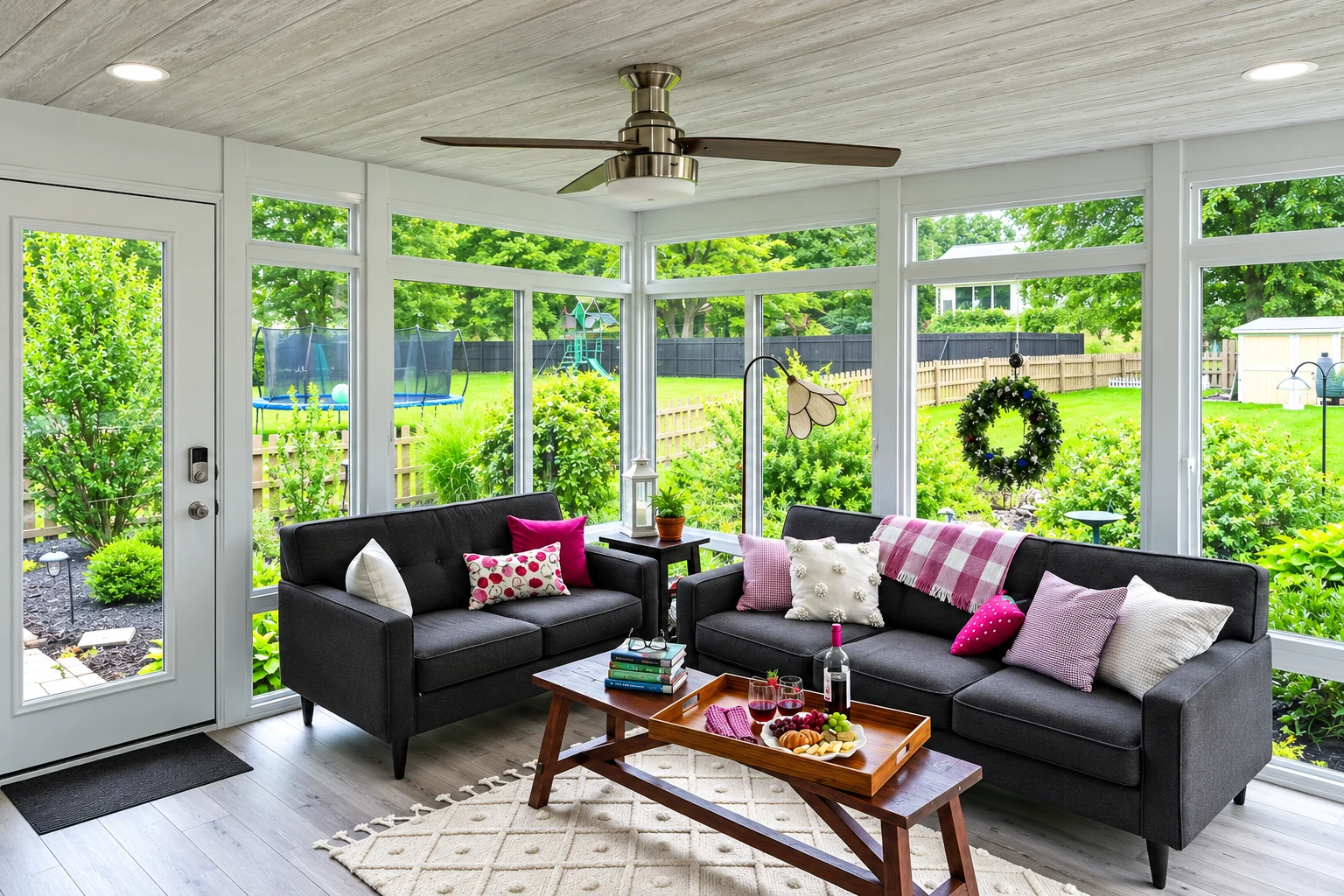 Three-season sunroom with large white-framed windows, dark sofas, and a view of a green backyard.
