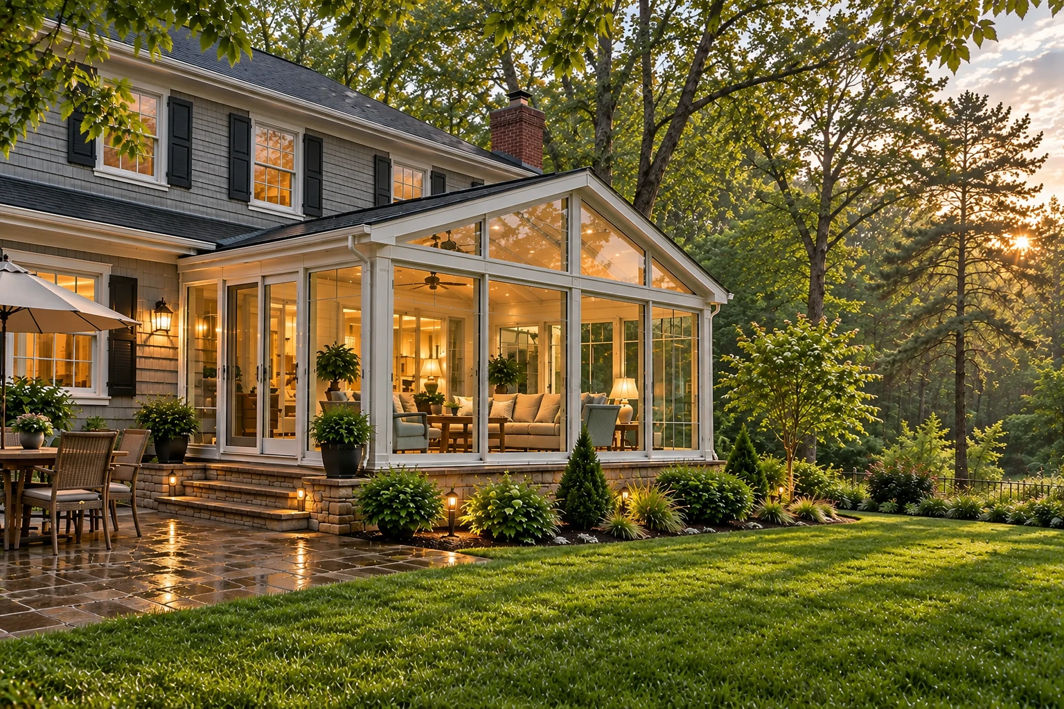 A gray house has a white-framed glass sunroom addition with a peaked roof, overlooking a wooded garden at sunset.